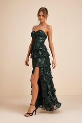 Definite Glamour Emerald Sequin Strapless Bustier Maxi Dress
