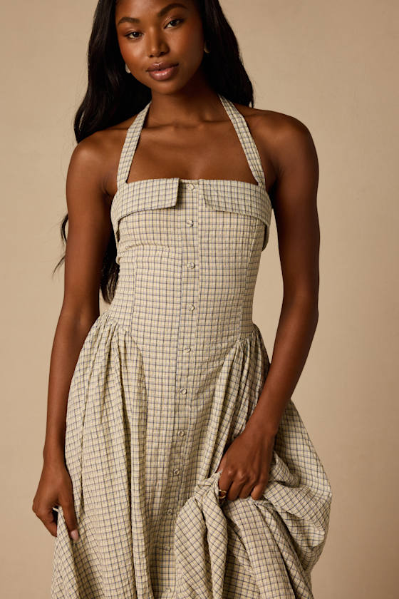 Shirley Cream Plaid Halter Button-Front Midi Dress