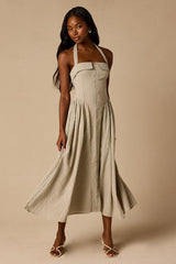 Shirley Cream Plaid Halter Button-Front Midi Dress