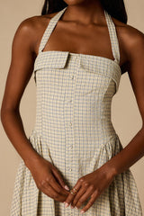 Shirley Cream Plaid Halter Button-Front Midi Dress