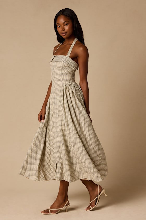 Shirley Cream Plaid Halter Button-Front Midi Dress