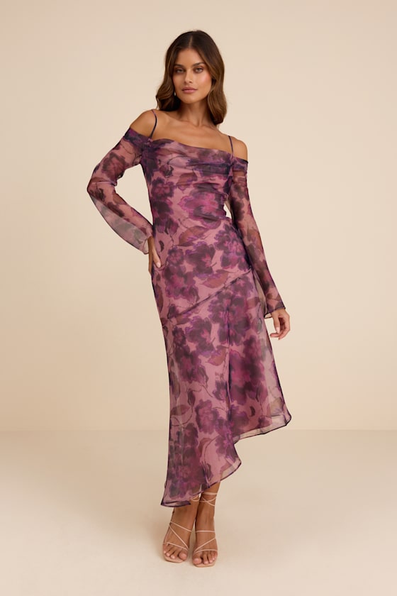 Pia Mauve Purple Floral Asymmetrical Midi Dress