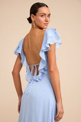 Devie Light Blue Satin Jacquard Flutter Sleeve Midi Dress
