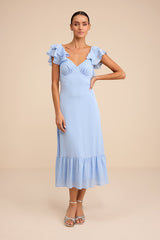 Devie Light Blue Satin Jacquard Flutter Sleeve Midi Dress