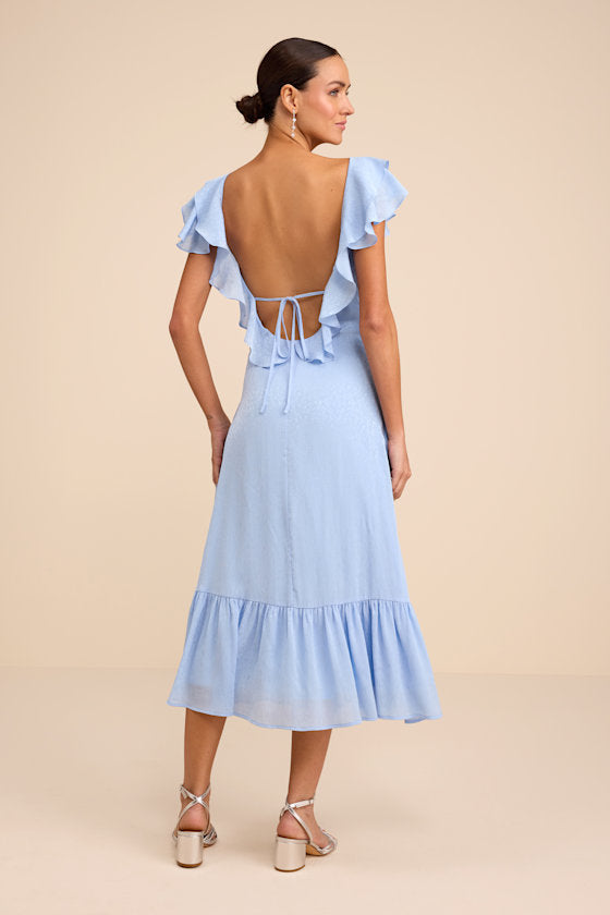 Devie Light Blue Satin Jacquard Flutter Sleeve Midi Dress