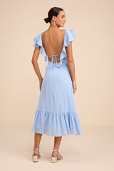 Devie Light Blue Satin Jacquard Flutter Sleeve Midi Dress