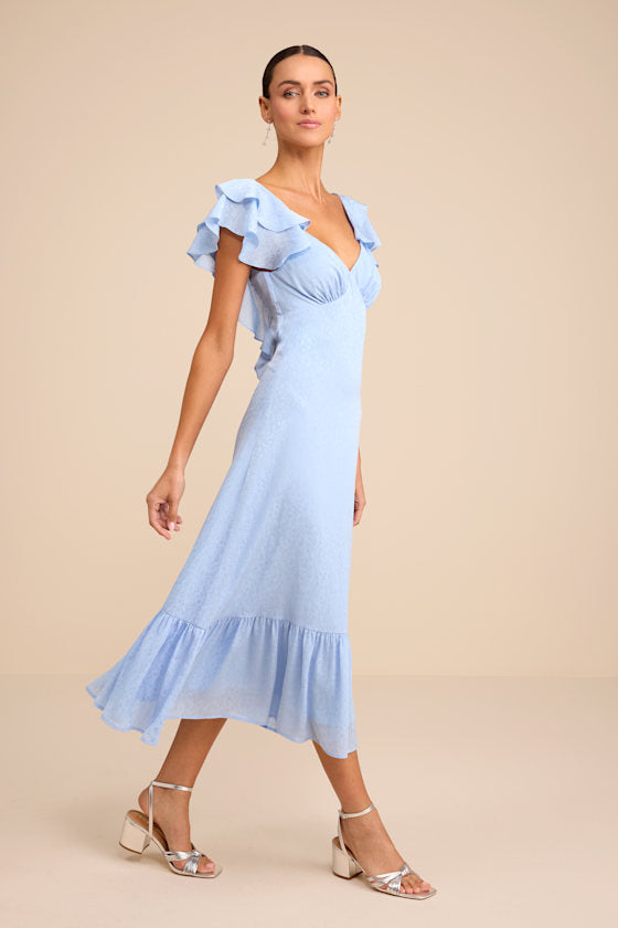 Devie Light Blue Satin Jacquard Flutter Sleeve Midi Dress
