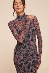 Milla Black and Purple Boho Floral Mesh Mock Neck Maxi Dress