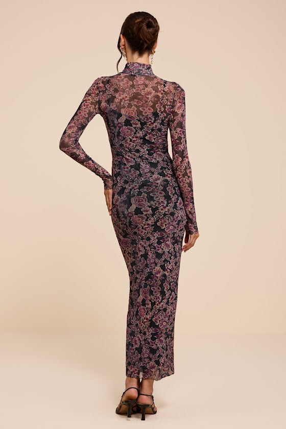 Milla Black and Purple Boho Floral Mesh Mock Neck Maxi Dress