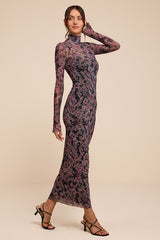 Milla Black and Purple Boho Floral Mesh Mock Neck Maxi Dress