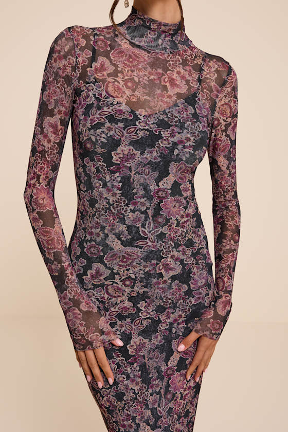 Milla Black and Purple Boho Floral Mesh Mock Neck Maxi Dress