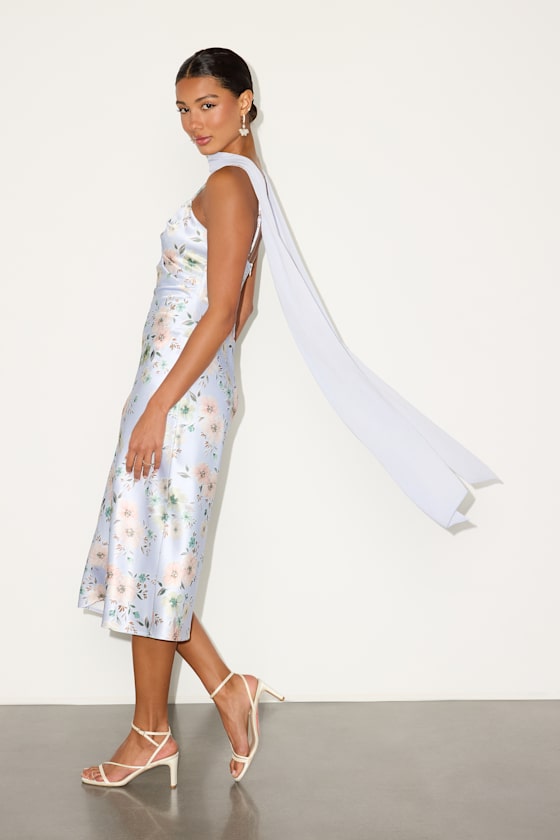 Molena Light Blue Floral Slip Midi Dress and Scarf Set
