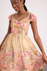Celosia Peach Multi Floral Cap Sleeve Midi Dress