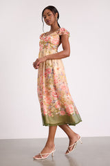 Celosia Peach Multi Floral Cap Sleeve Midi Dress