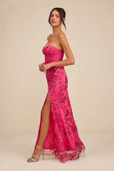 Confident Sensation Hot Pink Sequin Strapless Bustier Maxi Dress