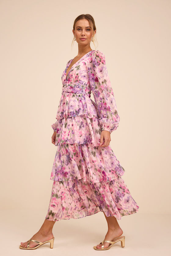 Macy Blush Multi Floral Tiered Midi Dress