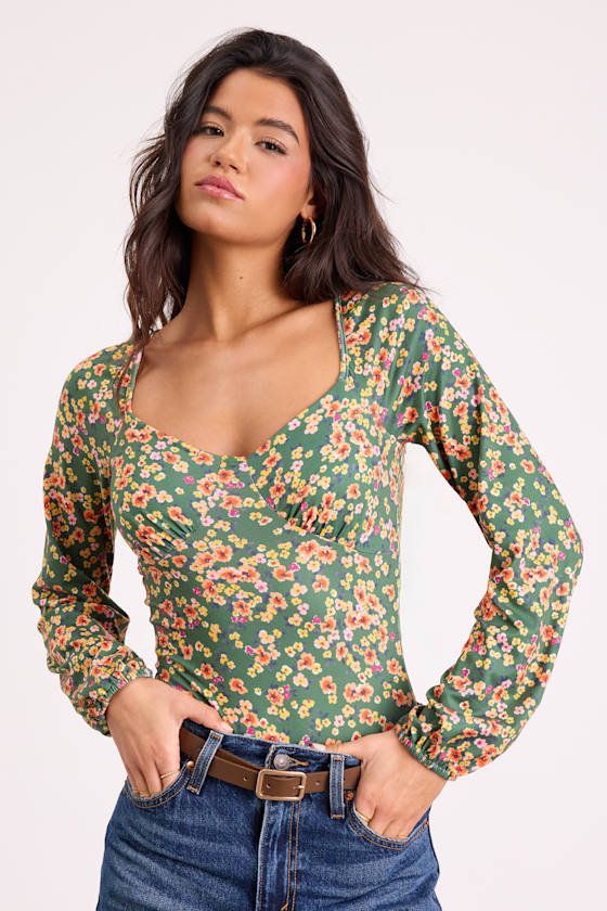 Blossom Beauty Green Floral Print Long Sleeve Bodysuit