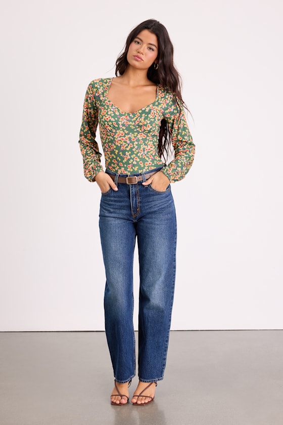 Blossom Beauty Green Floral Print Long Sleeve Bodysuit