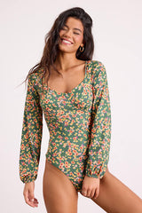 Blossom Beauty Green Floral Print Long Sleeve Bodysuit