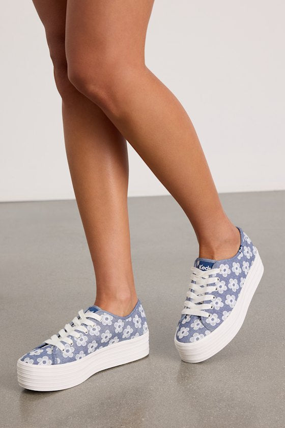 Triple Up Light Blue Floral Embroidered Platform Sneakers