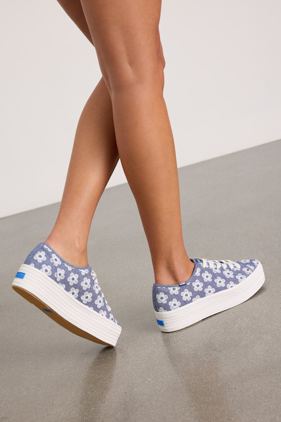 Triple Up Light Blue Floral Embroidered Platform Sneakers