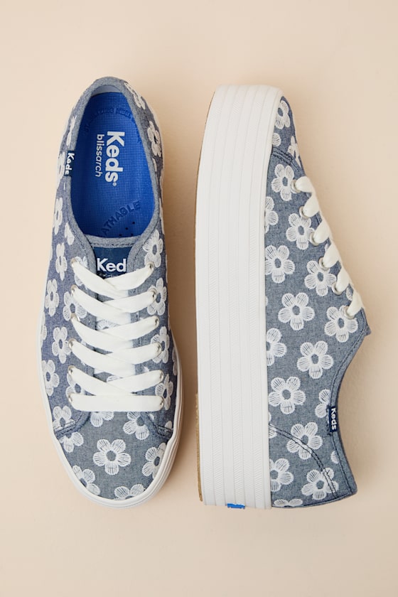 Triple Up Light Blue Floral Embroidered Platform Sneakers