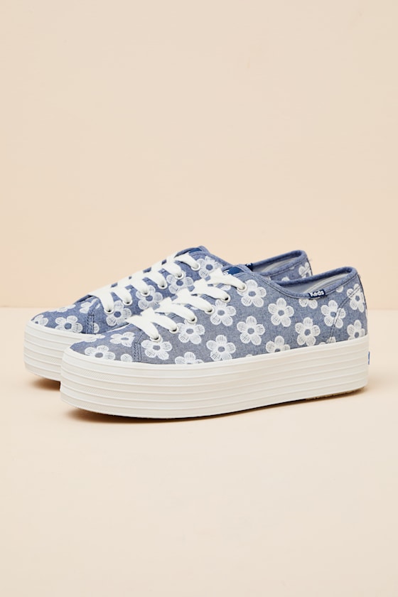 Triple Up Light Blue Floral Embroidered Platform Sneakers