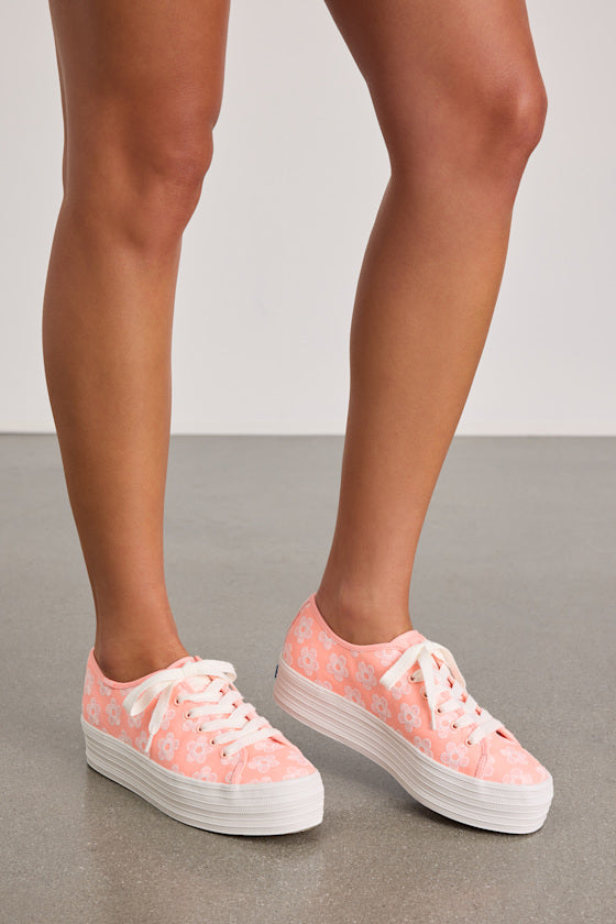 Triple Up Neon Coral Floral Embroidered Platform Sneakers