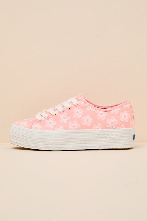 Triple Up Neon Coral Floral Embroidered Platform Sneakers
