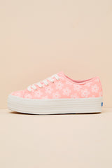 Triple Up Neon Coral Floral Embroidered Platform Sneakers