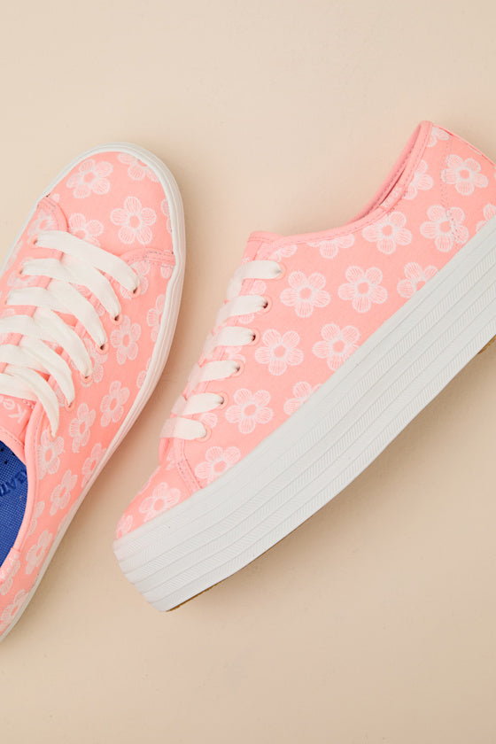 Triple Up Neon Coral Floral Embroidered Platform Sneakers