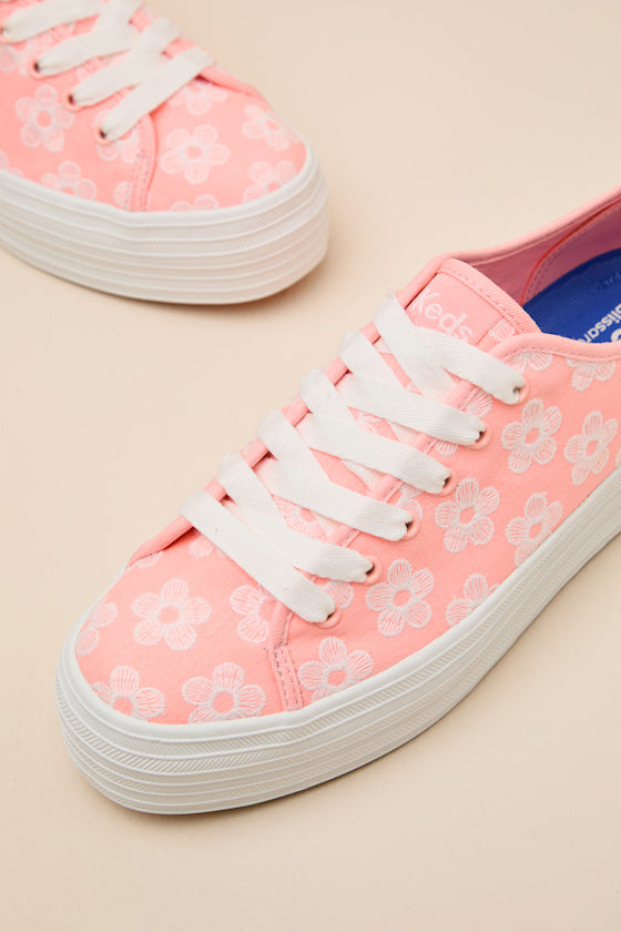 Triple Up Neon Coral Floral Embroidered Platform Sneakers
