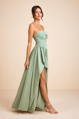 Marilou Sage Green Strapless Ruched Lace-Up Maxi Dress