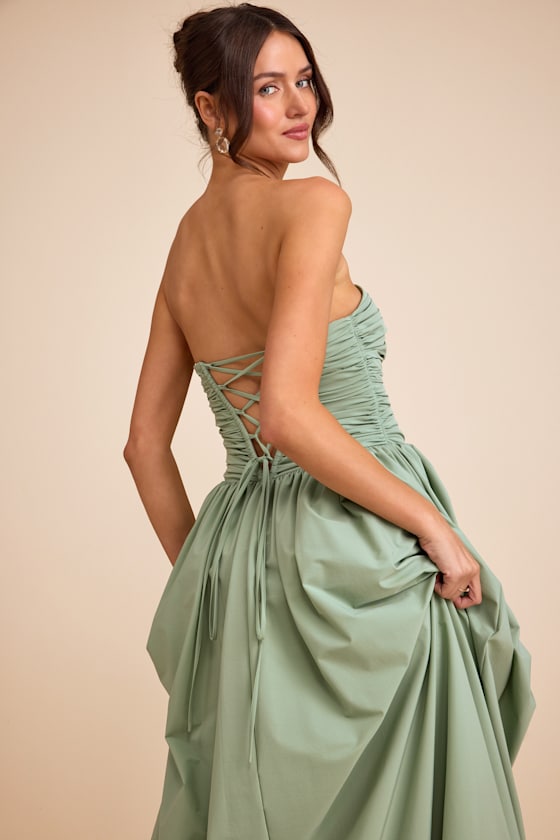 Marilou Sage Green Strapless Ruched Lace-Up Maxi Dress