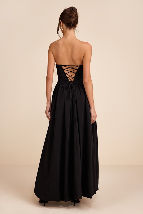 Marilou Black Strapless Ruched Lace-Up Maxi Dress