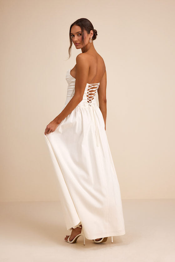 Almeria White Strapless Lace-Up Maxi Dress
