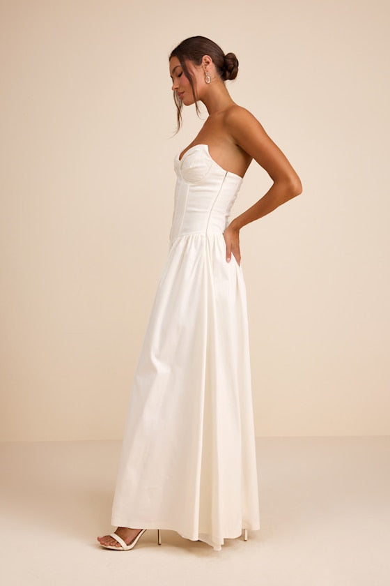 Almeria White Strapless Lace-Up Maxi Dress