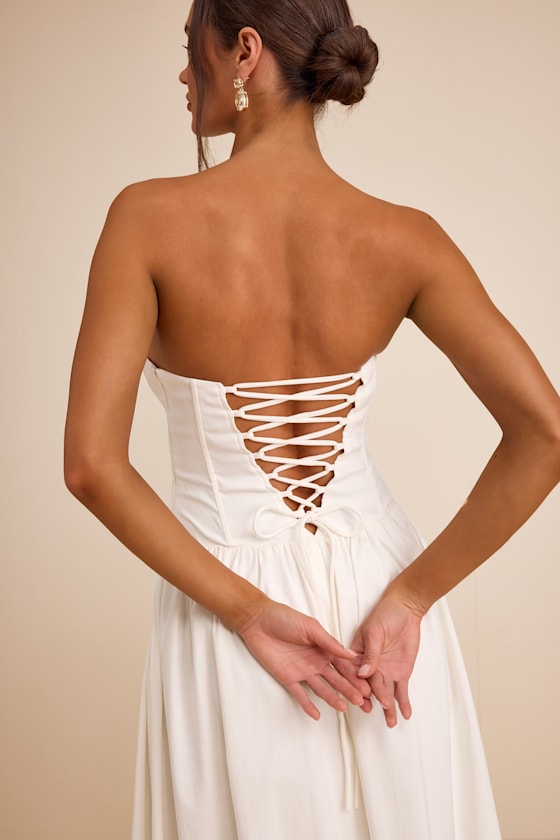 Almeria White Strapless Lace-Up Maxi Dress