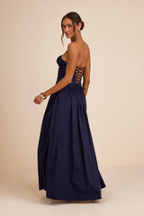 Almeria Navy Blue Strapless Lace-Up Maxi Dress