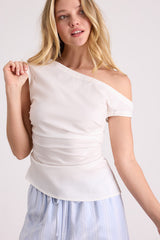 Debonair Ivory Poplin Ruched Asymmetrical Top
