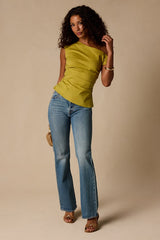 Debonair Chartreuse Poplin Ruched Asymmetrical Top