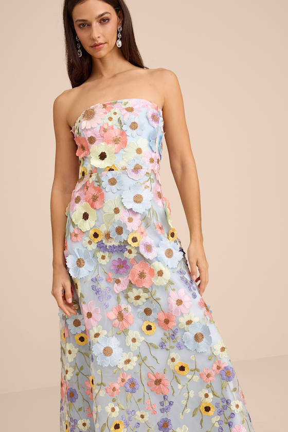 Rosario Light Blue Multi 3D Floral Embroidered Maxi Dress