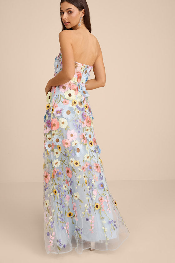 Rosario Light Blue Multi 3D Floral Embroidered Maxi Dress