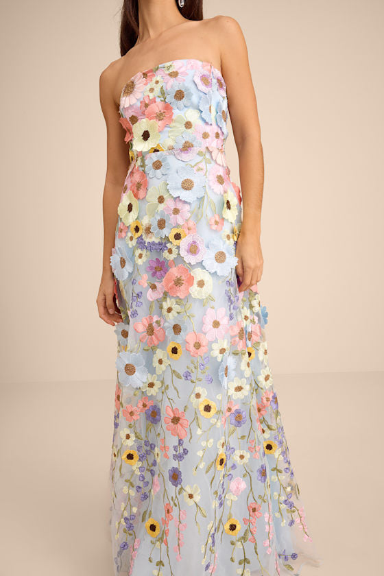 Rosario Light Blue Multi 3D Floral Embroidered Maxi Dress
