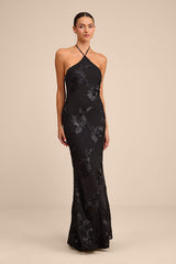 Celyna Black Mesh Floral Applique Maxi Dress