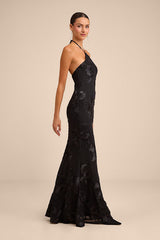 Celyna Black Mesh Floral Applique Maxi Dress