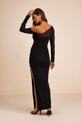 Lucena Black Mesh Asymmetrical Maxi Dress