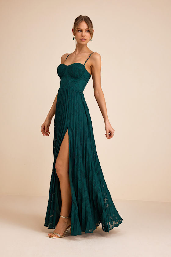 Dacie Emerald Floral Burnout Pleated Bustier Maxi Dress