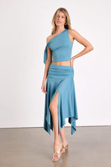Lizzy Teal Blue Jersey Knit Asymmetrical Midi Skirt