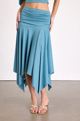 Lizzy Teal Blue Jersey Knit Asymmetrical Midi Skirt